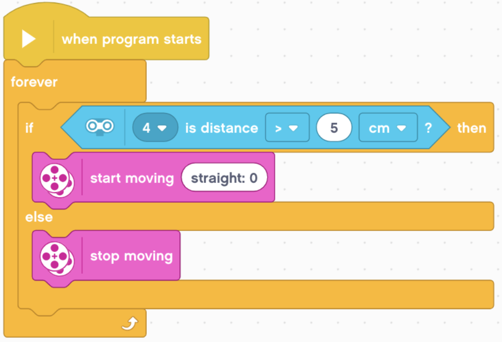 Which of the program tells the robot to move forward as long as there are no obstacle 5 cm away from the robot?